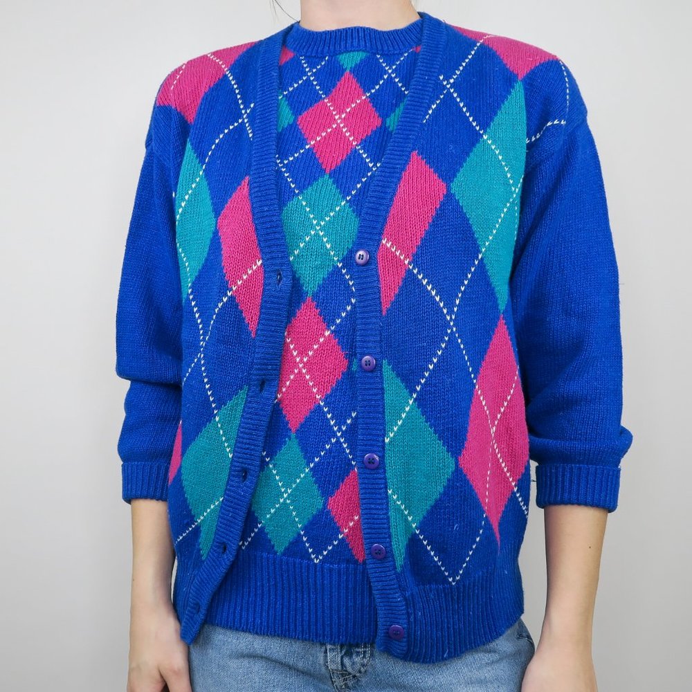 Vintage 80s Sportables Argyle Knit Sweater Set